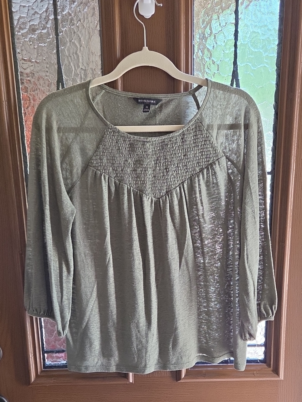 Banana Republic Olive Green Smocked Yoke Long Sleeve Top